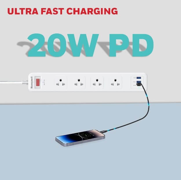 รางปลั๊กไฟ 4 ช่อง HONEYWELL รุ่น HC000043 ป้องกันไฟกระชาก 1.8 เมตร (USB-A 2 ช่อง , USB-C 1 ช่อง)_3